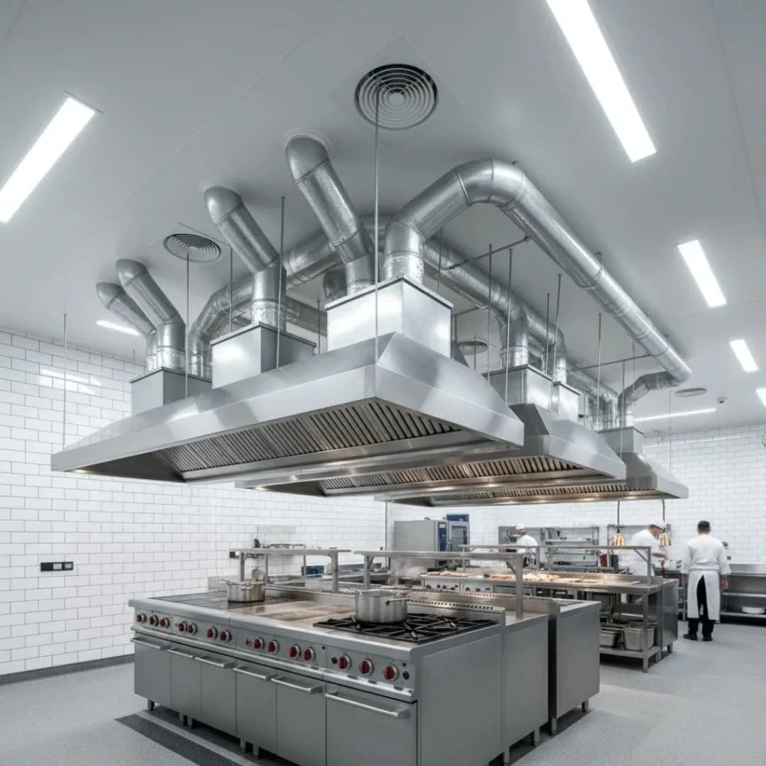 Kitchen extraction system with canopy, ducting and ventilation